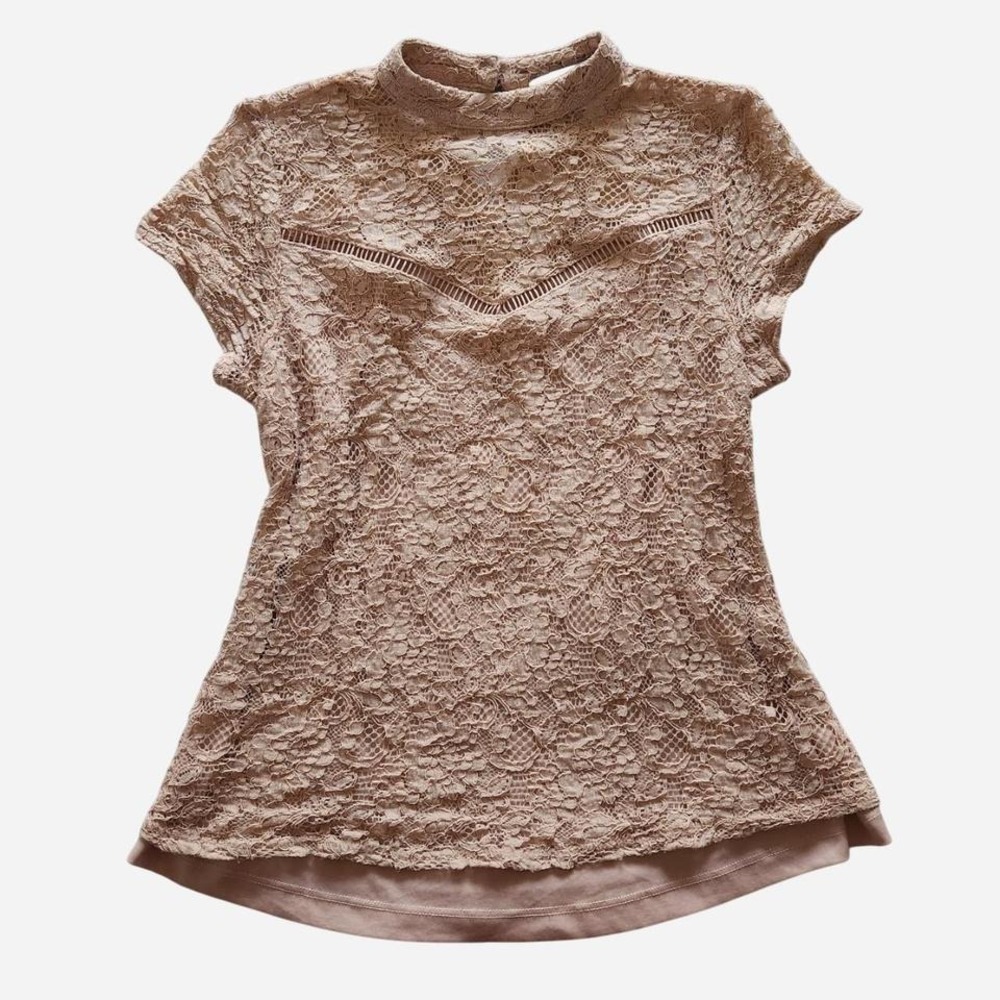 Lace top with mock neck and lining pink rose V shape ladder lace cotton nylon
